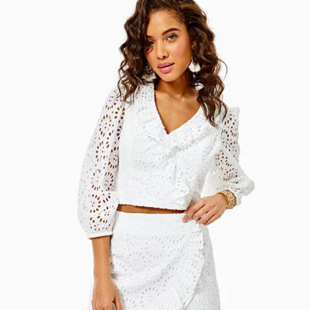 Lilly Pulitzer Roca Faux Wrap Eyelet Top In Resort White Beach Paradise D8‎